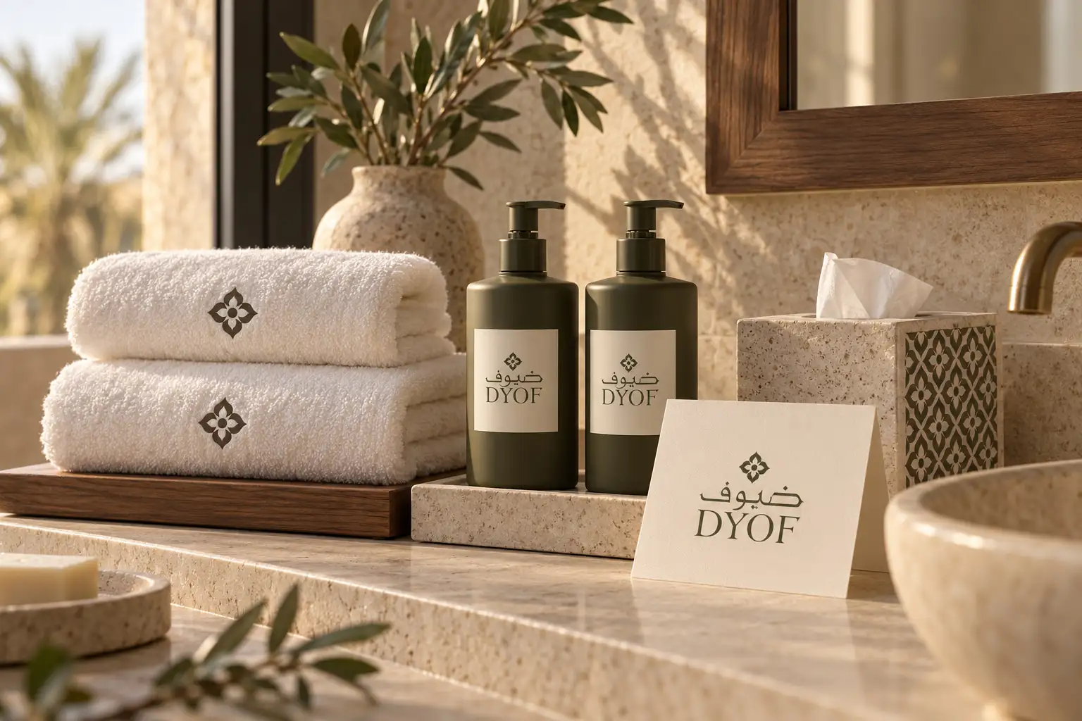 A travertine bathroom vanity with embroidered towels, DYOF soaps and olive branches