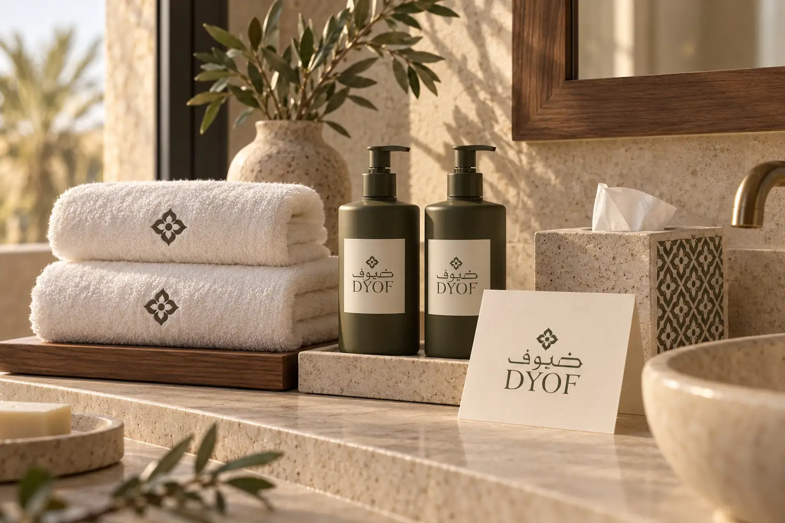 A travertine bathroom vanity with embroidered towels, DYOF soaps and olive branches