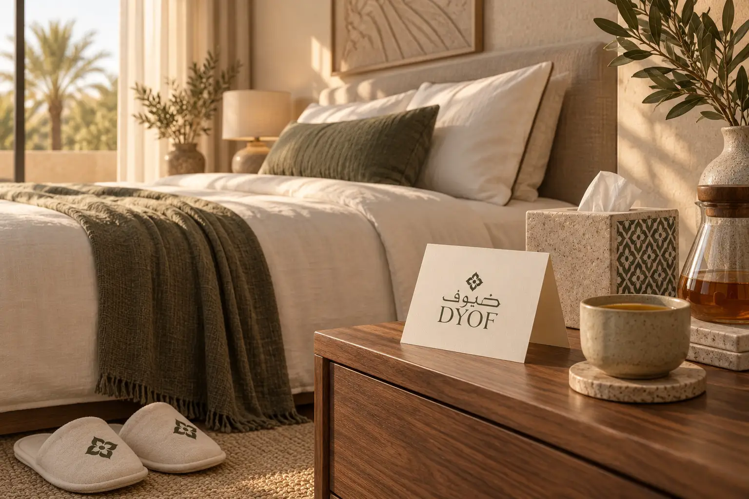 A softly lit bedroom with an olive throw, linen bedding and a DYOF welcome card on the bedside table