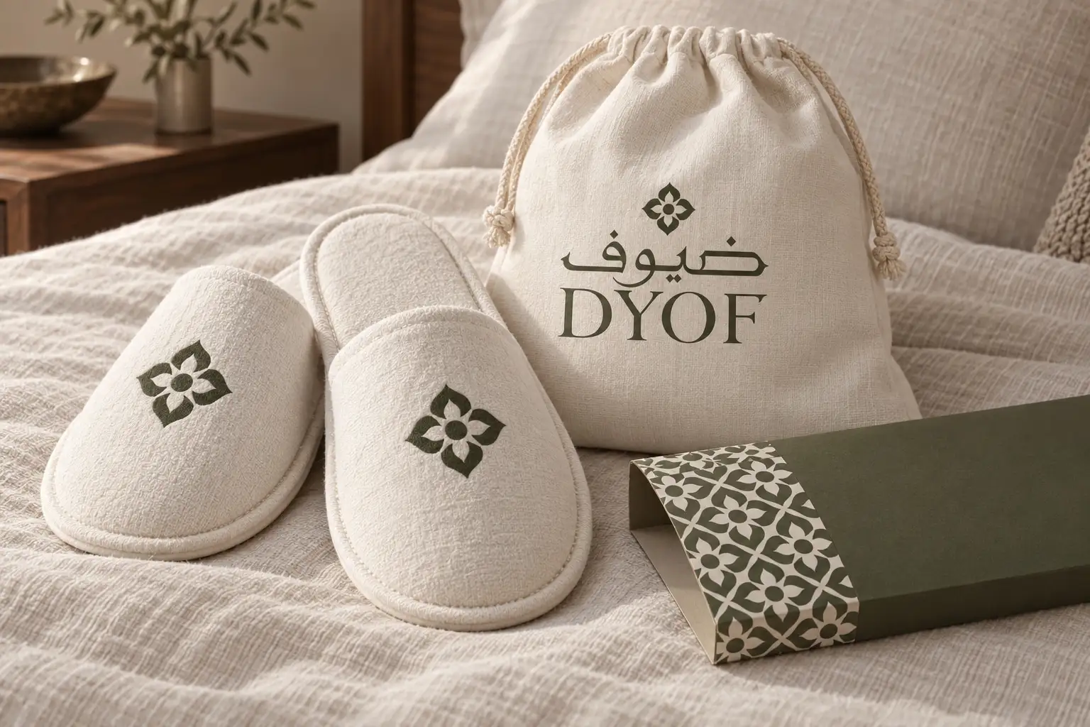 Embroidered DYOF slippers, a linen pouch and a patterned gift sleeve on a freshly made bed