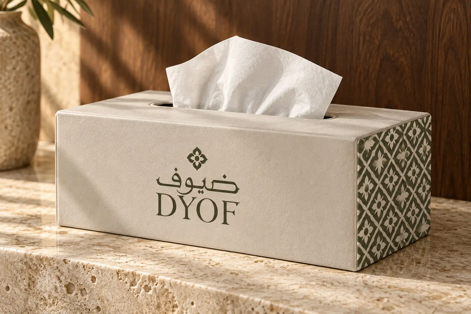 A stone tissue box with a patterned side panel on a travertine ledge