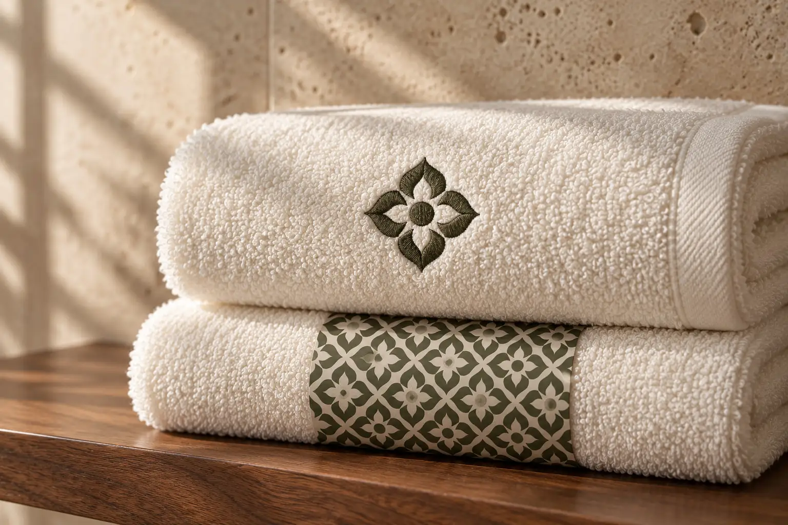 Folded white towels with an olive embroidered DYOF emblem on a walnut shelf